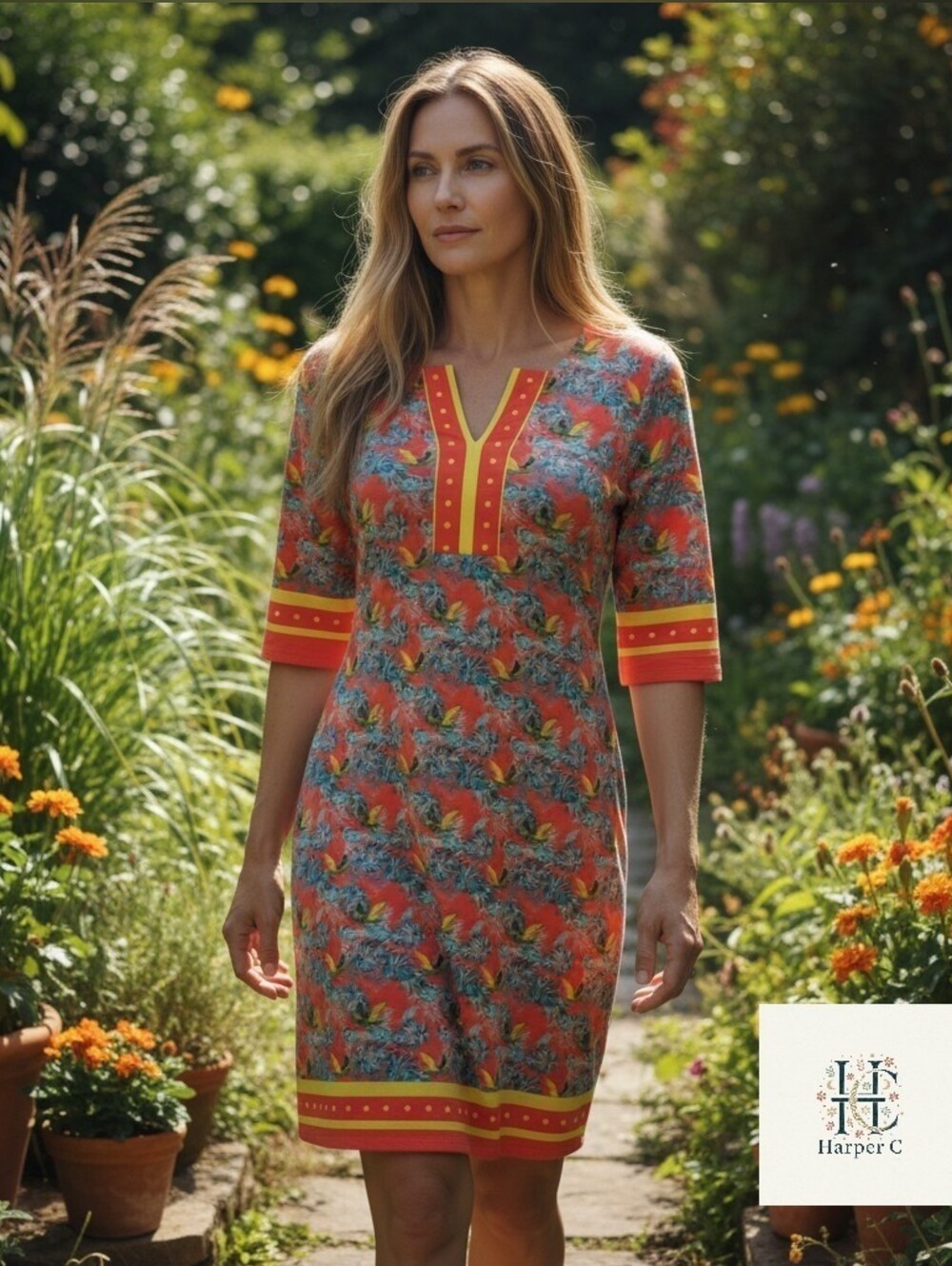 Guy Harvey Tropical Print Shift Dress Women’s Medium Orange Parrot Palm Stretch